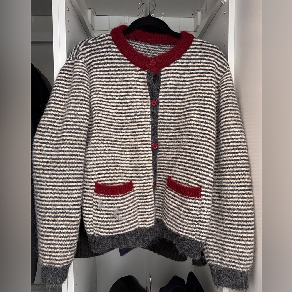 Striped Cardigan with Red Accents